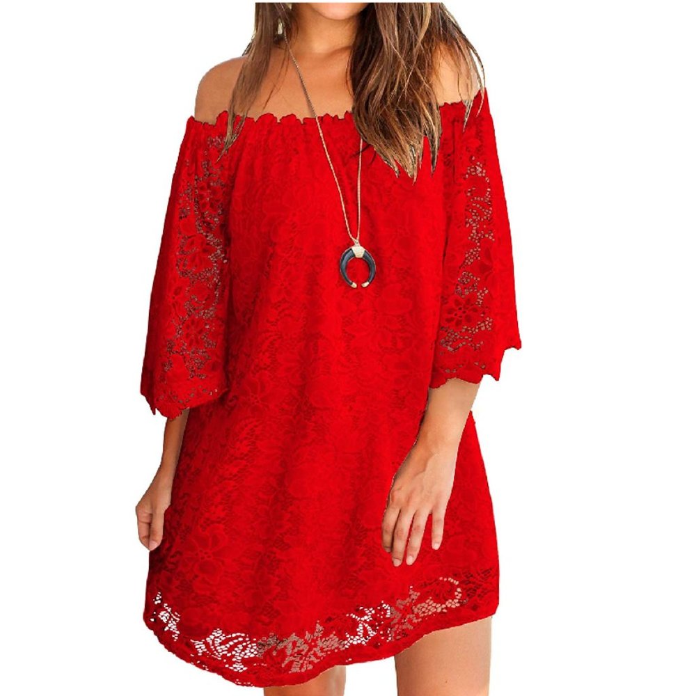 Women's Off Shoulder Lace Shift Loose Mini Dress - RED
